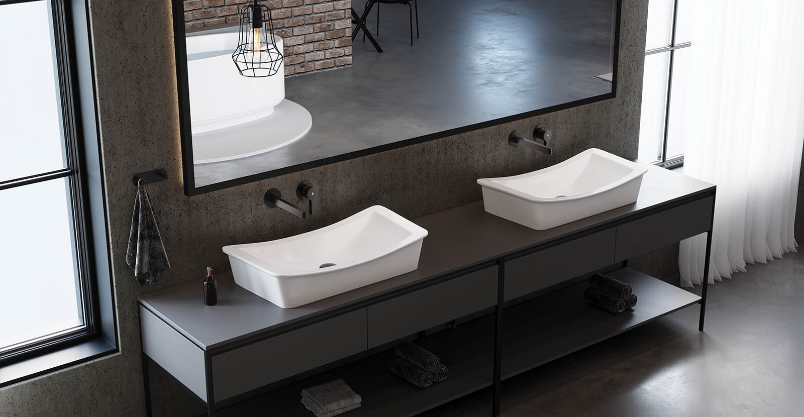 Two Artize Aris faucets on concrete — precision form and clarity
