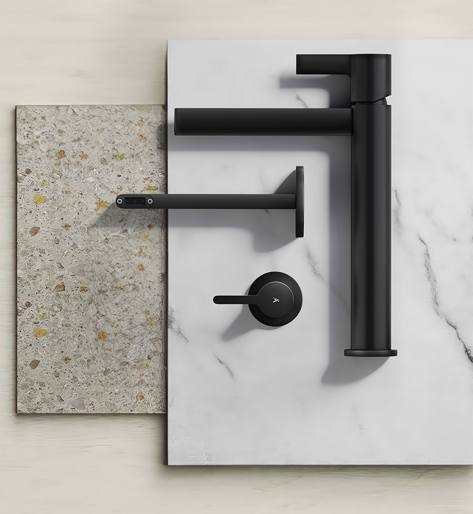 Artize Aris material and form moodboard — natural textures and engineered precision