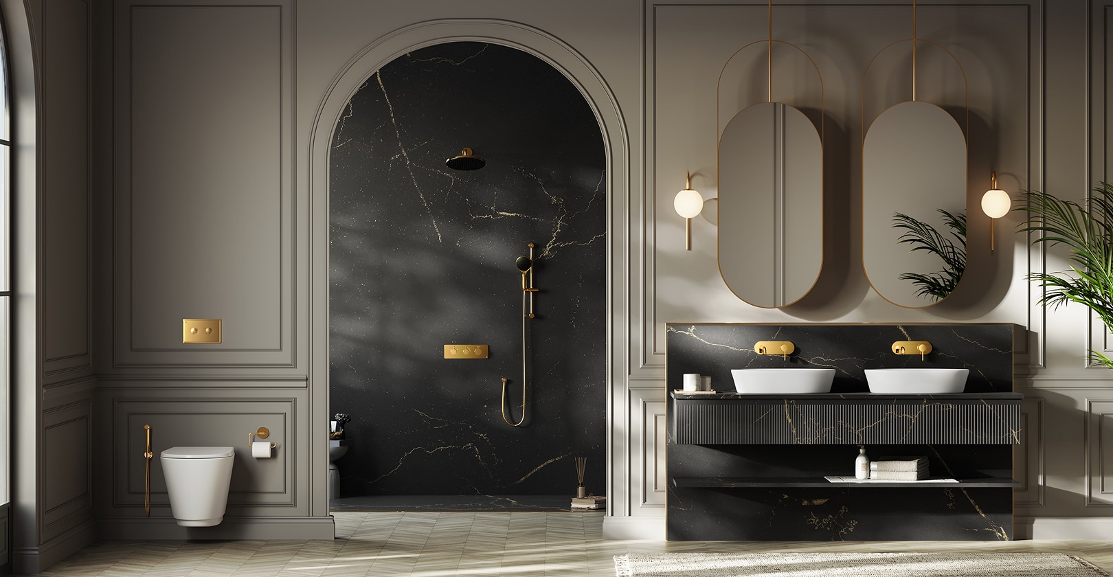 Artize Aura luxury bathroom with black marble — ambient warmth and mood