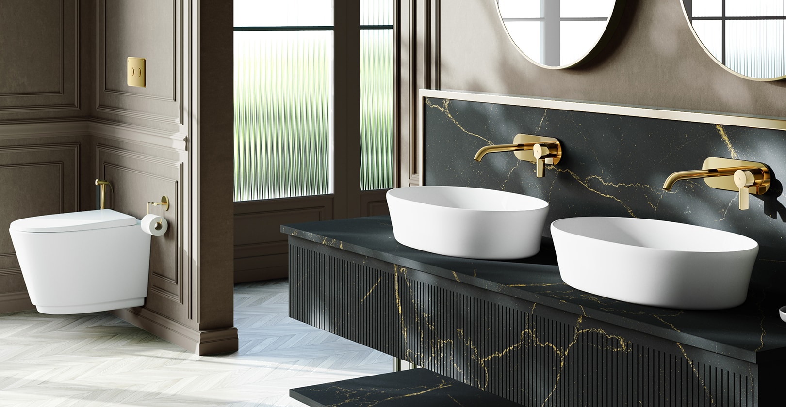Artize Aura gold bathroom accessories on stone basin — ergonomic ceramics