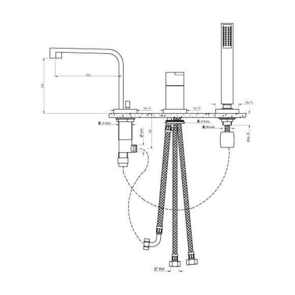 Single Lever 3 Hole Bath Tub Mixer