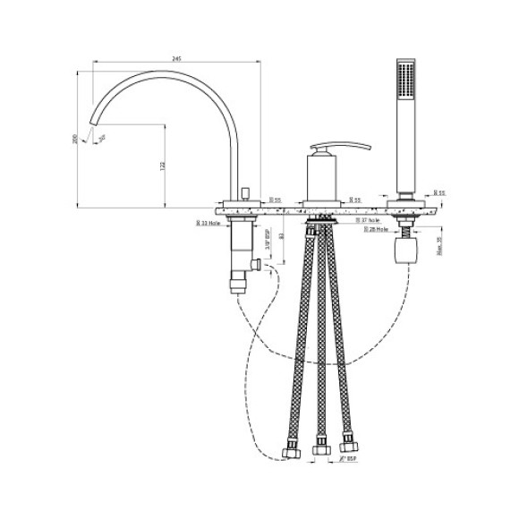 Single Lever 3 Hole Bath Tub Mixer