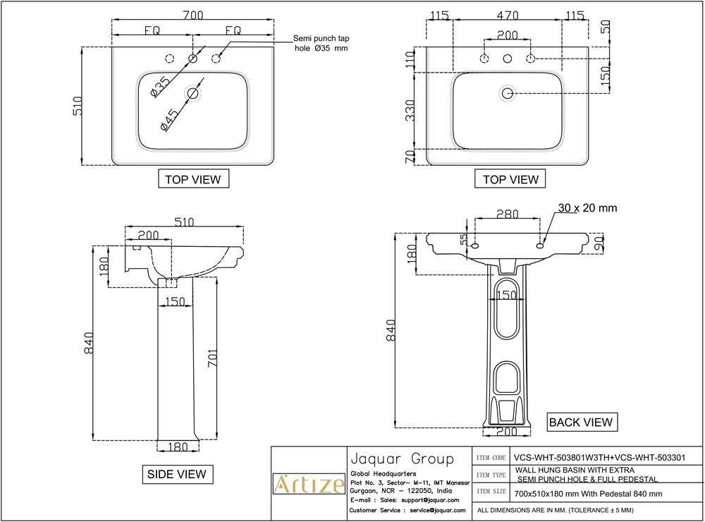 Wall Hung Basin With 3 Tap Hole ARTIZE